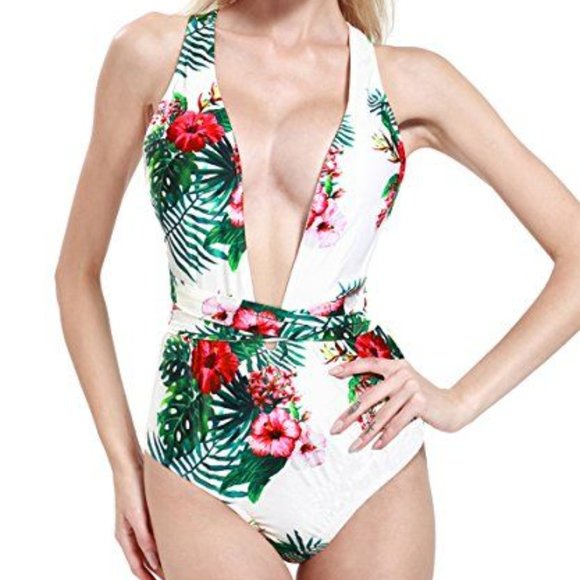 Begonia.K  Tropical Print Deep V-Neck Criss Cross Floral One Piece Swimsuit NEW - Picture 1 of 12